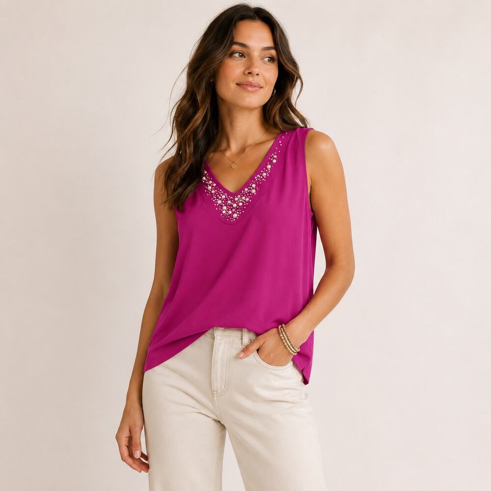 Susan Graver Liquid Knit Embellished Sleeveless Blouse Women's Size L Office